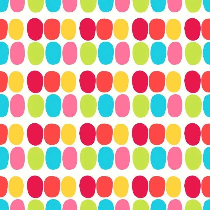 Pattern of colorful oval shapes in pink, green, blue, yellow, and red on a white background.