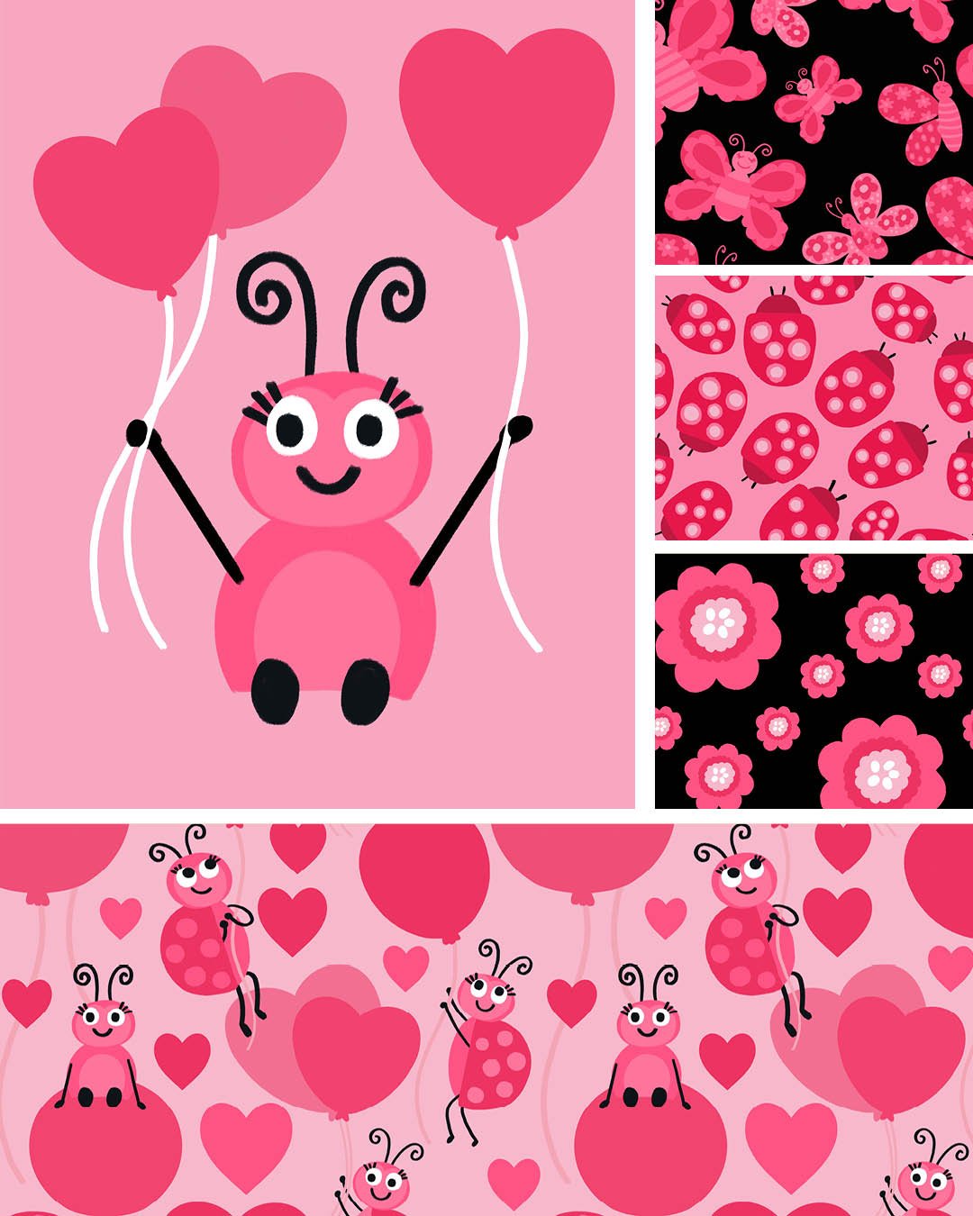 Hazel and Henrietta Love and Ladybugs surface pattern collection. Main illustration features a cute pink ladybug holding heart balloons. Coordinating patterns include pink butterflies on black, tossed ladybugs, and bold floral prints.