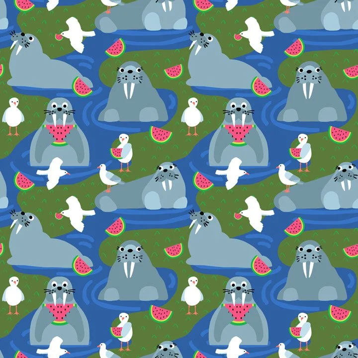 Whimsical walrus pattern featuring friendly walruses enjoying watermelon slices by the water, surrounded by coastal birds, gentle waves, and grassy shoreline details in a playful seaside scene.