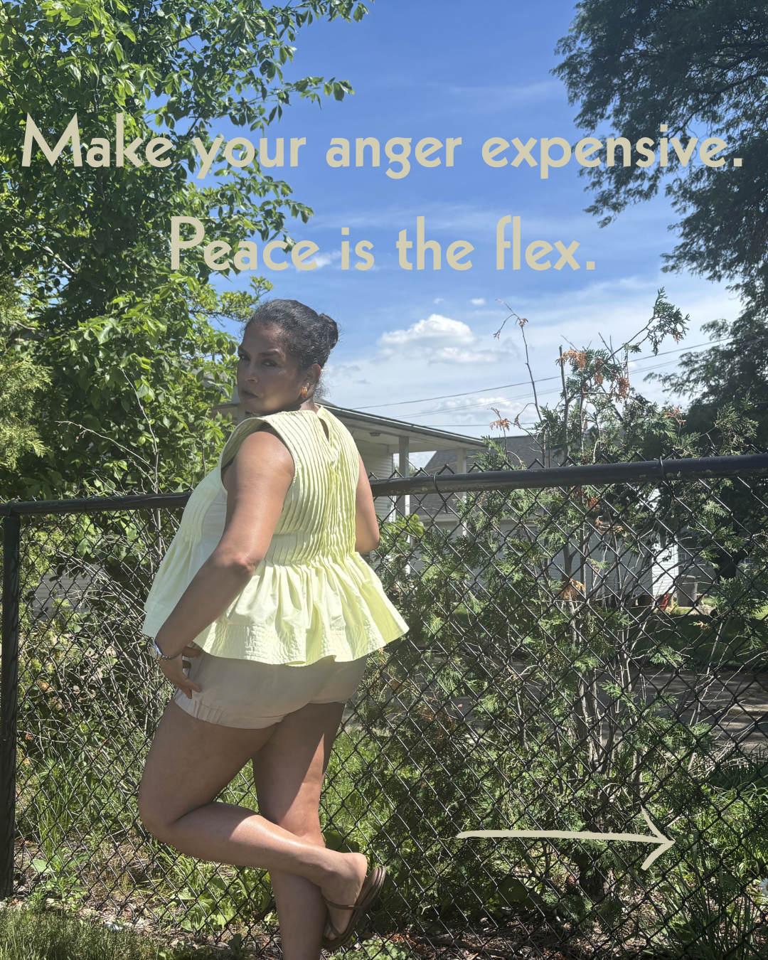 Keenya Willis looking back over her shoulder in a yellow top with text overlay reading Make your anger expensive peace is the flex representing emotional sovereignty and intentional response