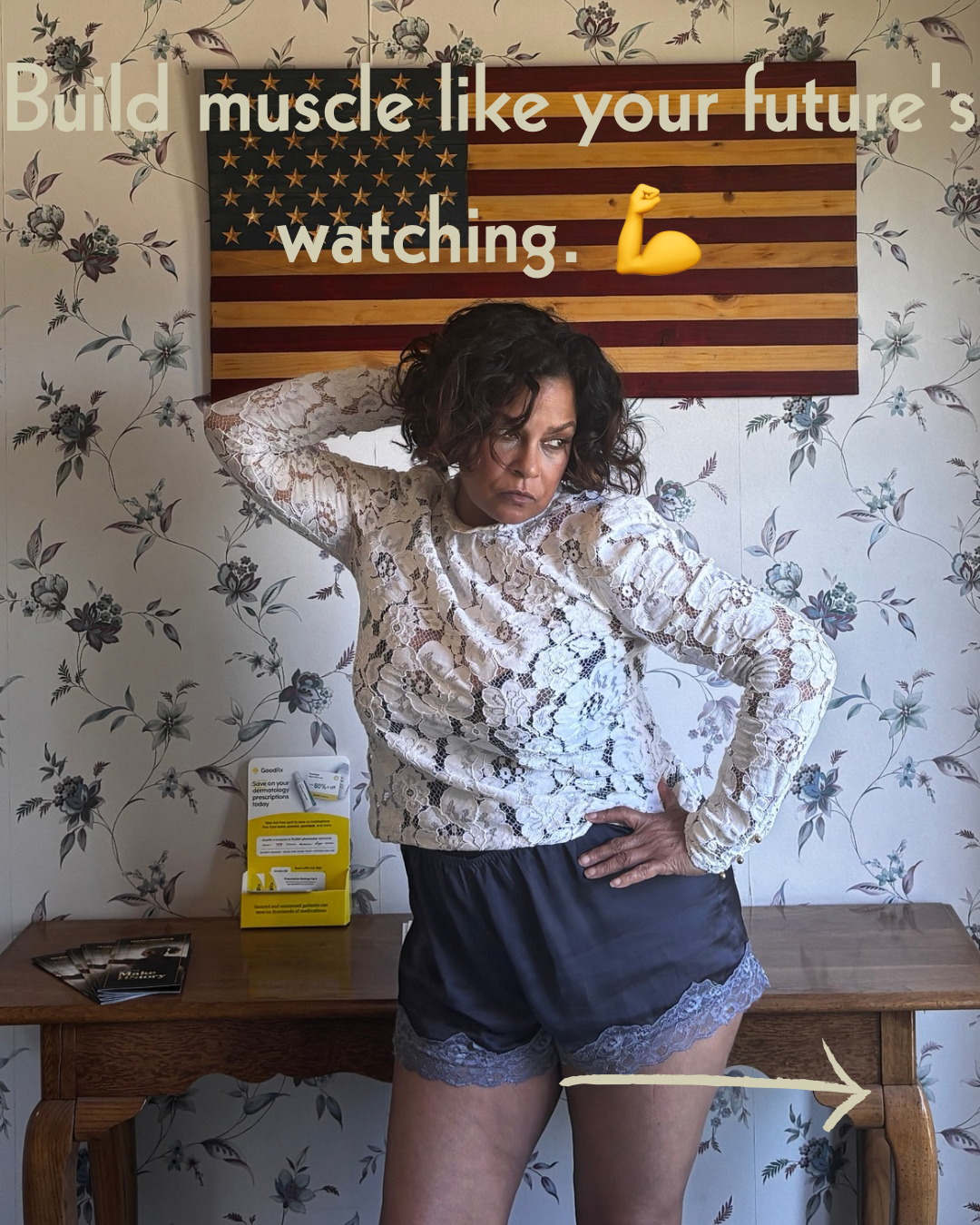 Keenya Willis posing in a white lace top and grey satin shorts with text overlay reading Build muscle like your future’s watching representing strength training as strategy for midlife women