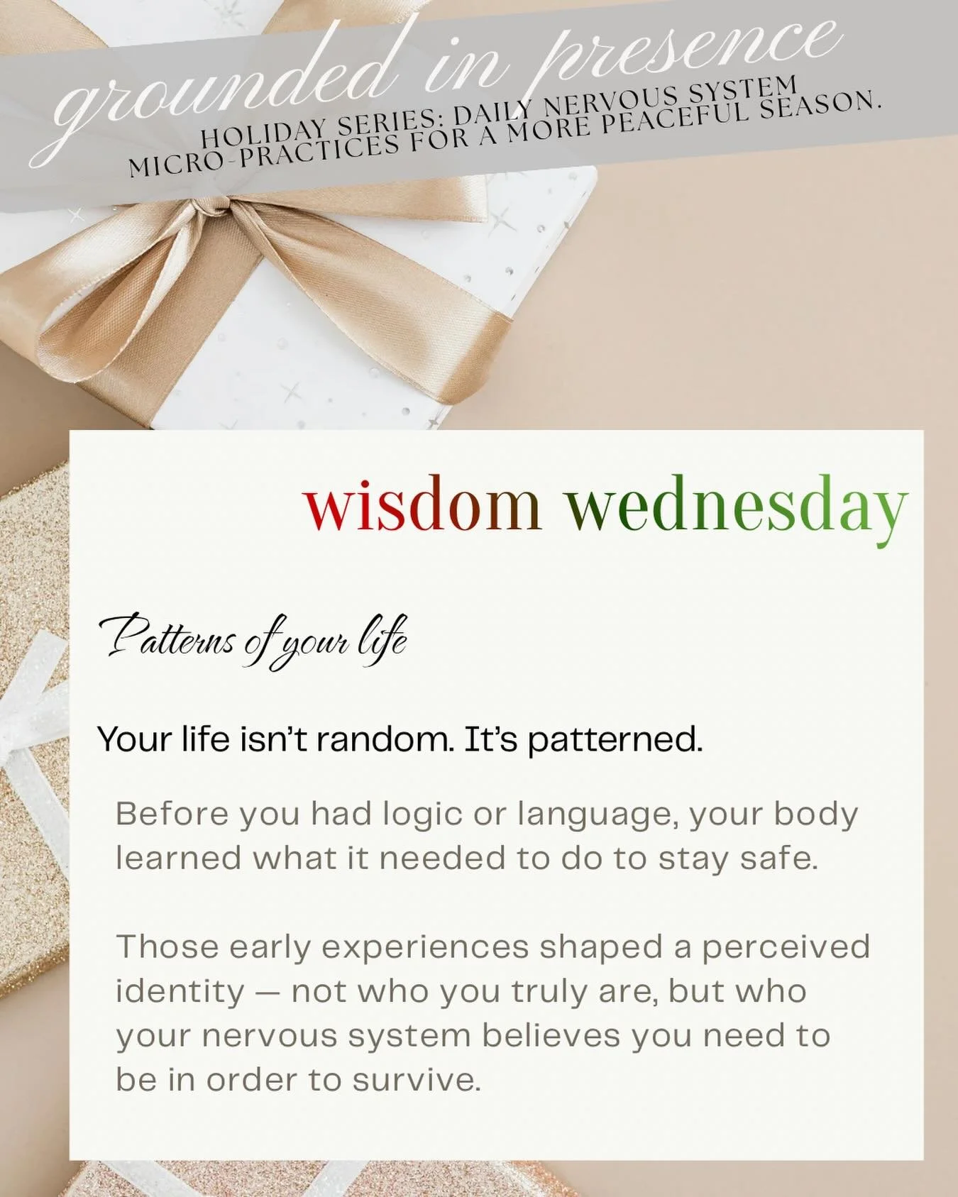 Wisdom Wednesday: Nervous System Safety

👉 Your perception shapes your behavior.
👉 Your behavior shapes your lived experience.
👉 Your lived experience shapes your identity.

So...your identity is based on a perceived truth that your nervous system
