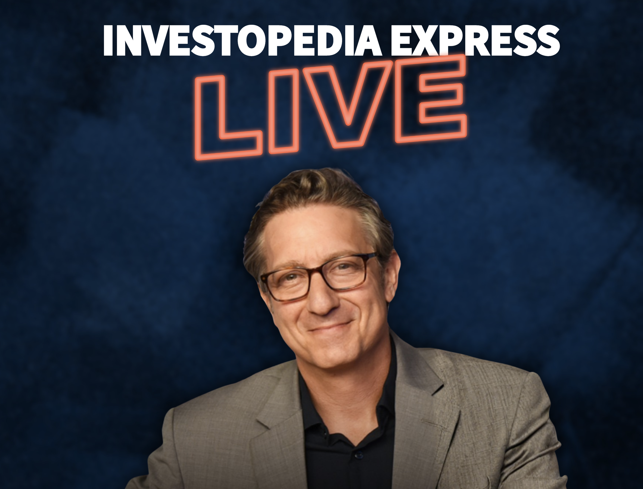 A promotional image for a live event titled 'Investopedia Express Live from the NYSE with Caleb Silver,' featuring a smiling man wearing glasses and a gray suit, with a blurred stock exchange background and a white Investopedia logo.