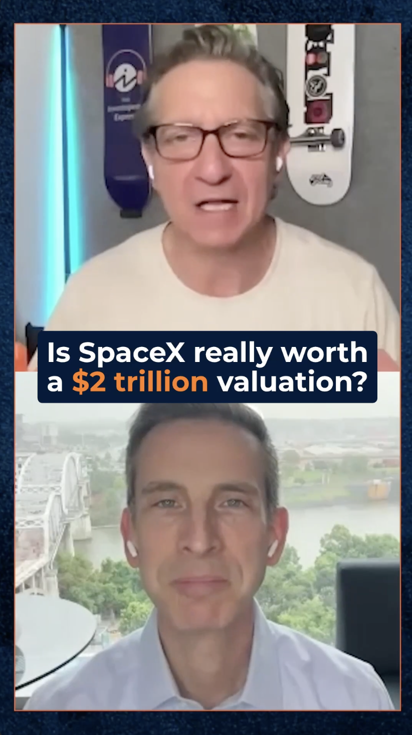 A split-screen video call with two men, one with glasses, expressing frustration or anger, and the other with earbuds, against a cityscape background. The text overlay reads, ‘Is SpaceX really worth a $2 trillion valuation?’