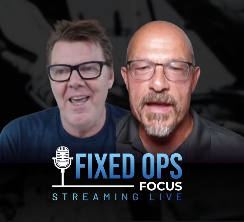 Two men with glasses engaged in a live streaming discussion for Fixed Ops Focus, with a dark backdrop and a logo that includes a microphone icon, the title "Fixed Ops Focus," and the subtitle "Streaming Live".