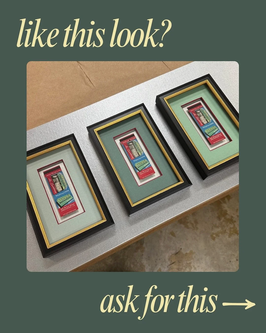 We STILL get asked about these little matchboxes from earlier in the year! 🔥 Tickets or little love notes would also look great framed like this! 
.
.
. 
#waddellsgallery #customframing #artgallery #frametips #framingtips #customframingideas
