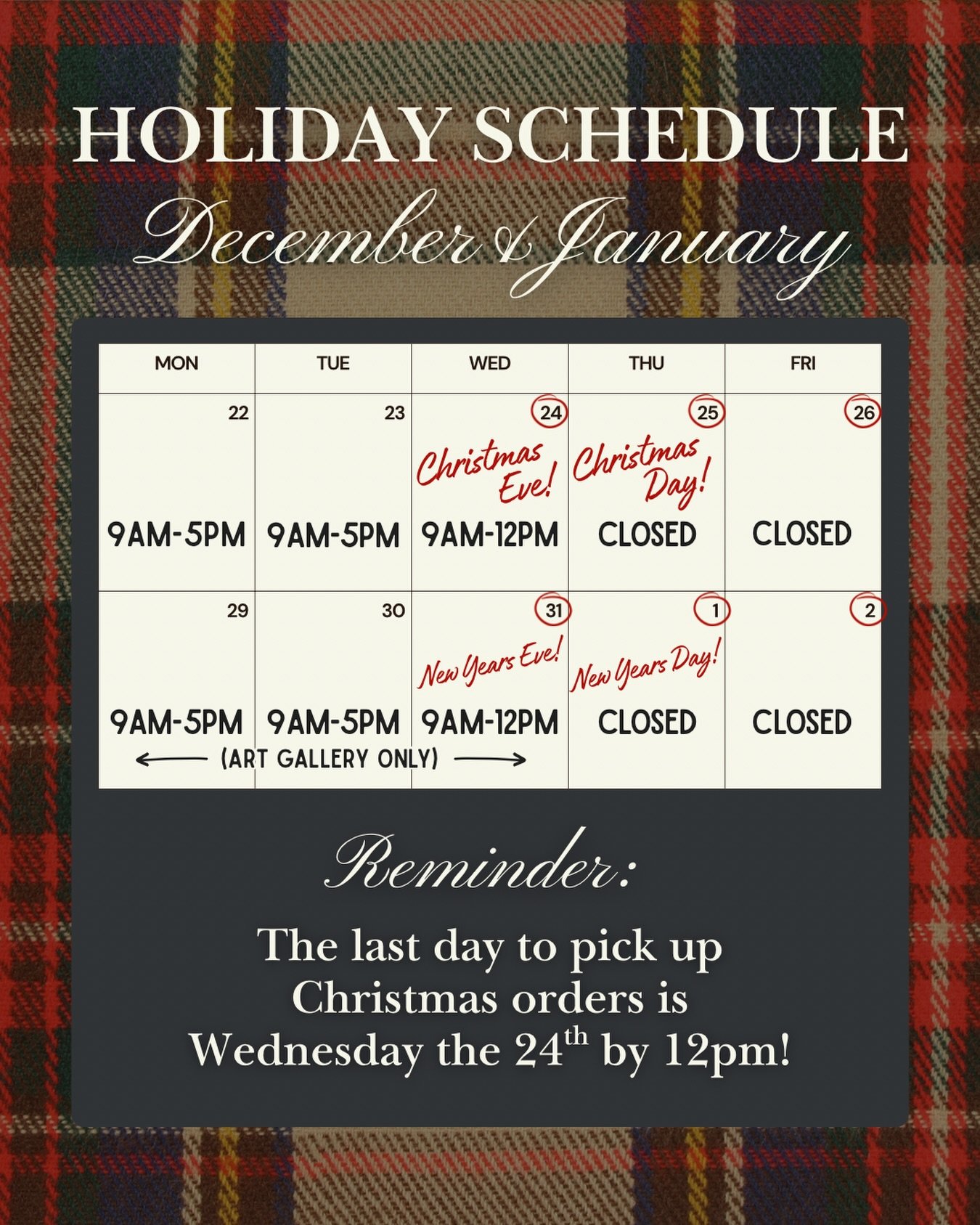 ⬇️🎄HOLIDAY SCHEDULE DETAILS🎄⬇️
🎁 The last day to pick up Christmas orders is Wednesday the 24th by noon! 
🎨 The art gallery will be open 29th-31st
🖼️ Custom framing will resume January 5th!