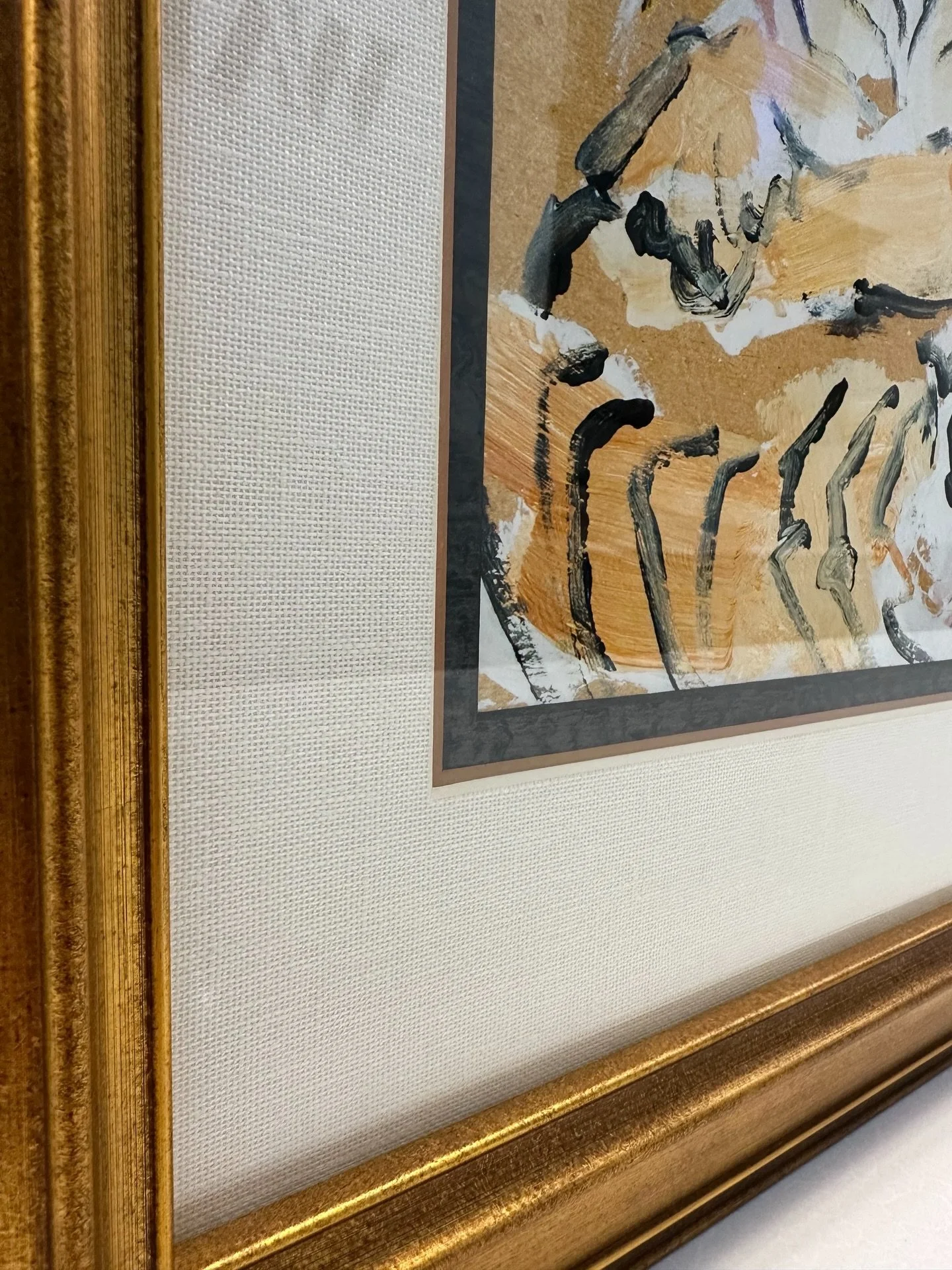 POV: you trusted the framer to pick the setup 😉➡️ Classic gold frame, heavy texture on top AND bottom mats. Perfection! 🐅 
.
.
. 
#waddellsgallery #customframing #artgallery