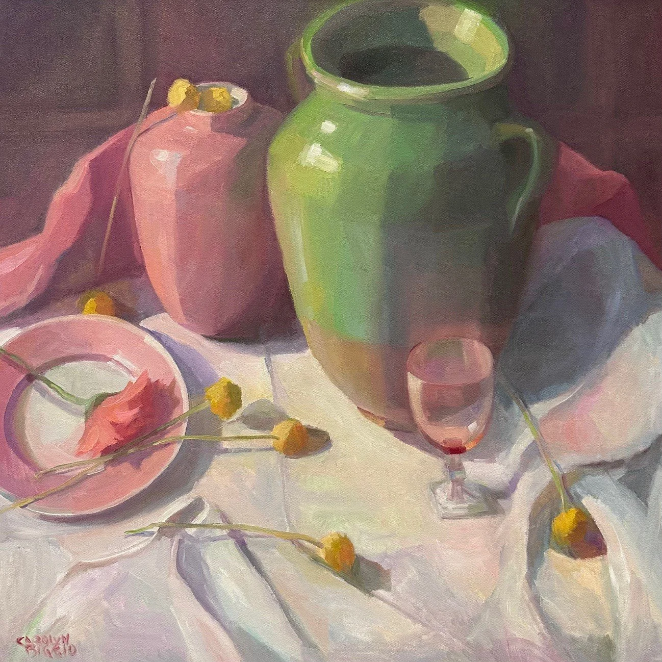 "Green Olive Jar with Pink Glass" (30" x 30") $1,800