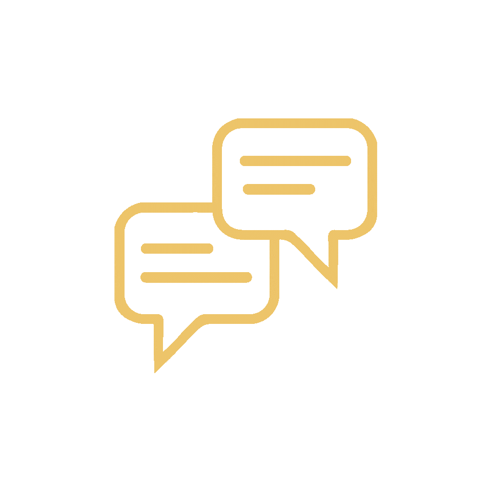 Two overlapping speech bubbles outlined in gold on a black background.