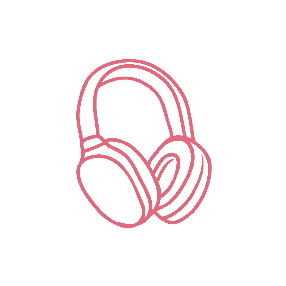 Line drawing of over-ear headphones in pink outline