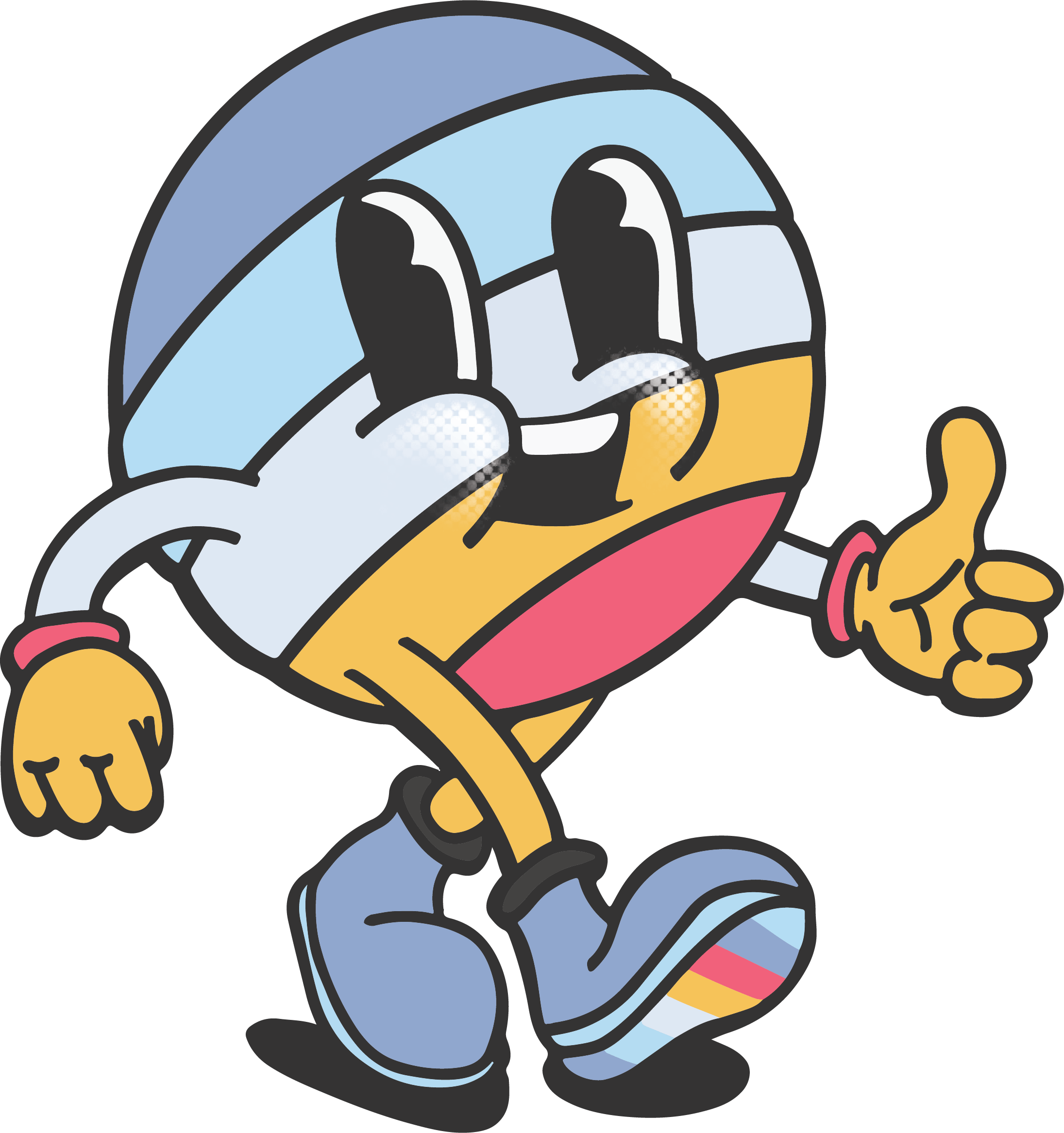 Cartoon globe character with a face, arms, and legs, giving a thumbs-up, wearing sneakers and shorts, with the German flag colors on the shoes.