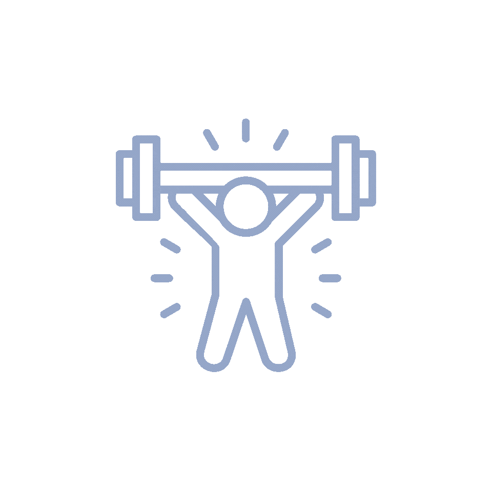 Line drawing of a person lifting a barbell overhead with rays indicating effort or strength.