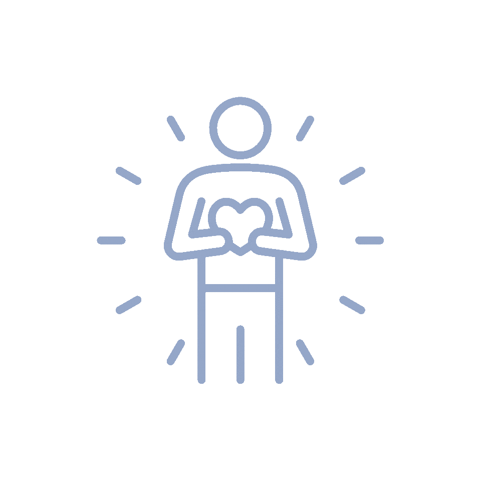 Person holding a heart-shaped object, surrounded by radiating lines suggesting love or compassion.