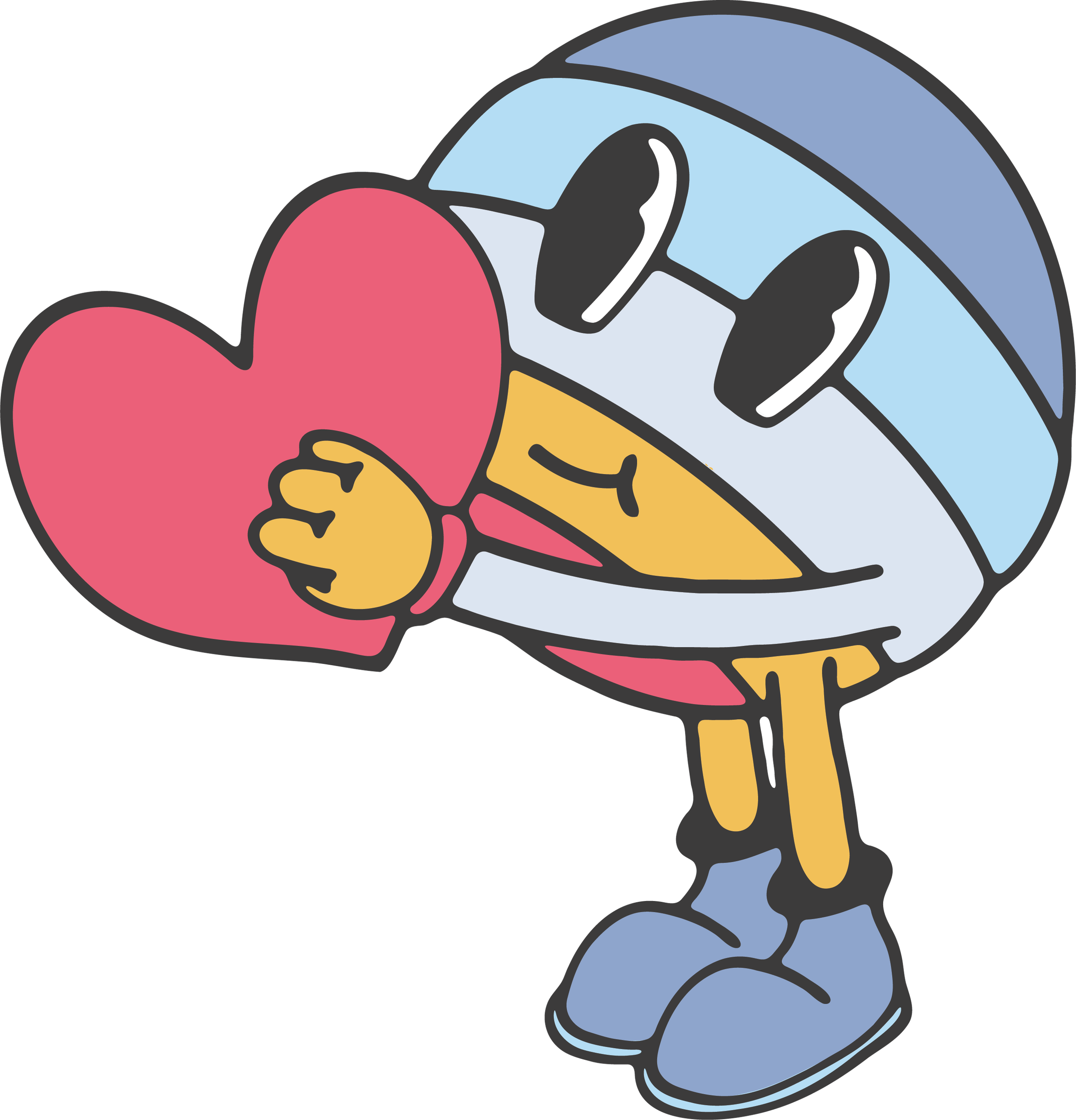 A cartoon character with a large head, wearing glasses and blue shoes, is hugging a large, red heart.