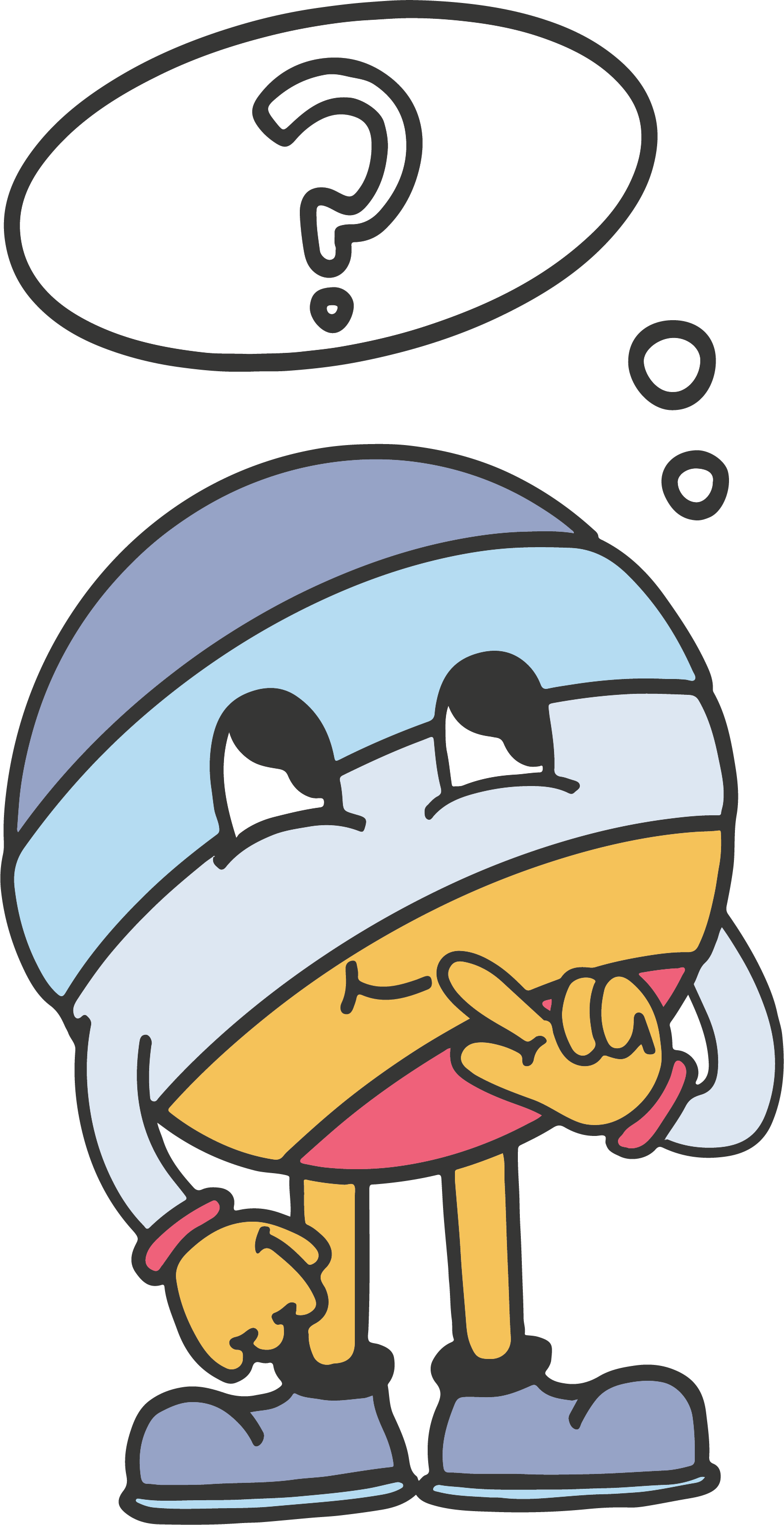 Cartoon character with a bandaged head, hand on chin, thinking with a question mark in a thought bubble.