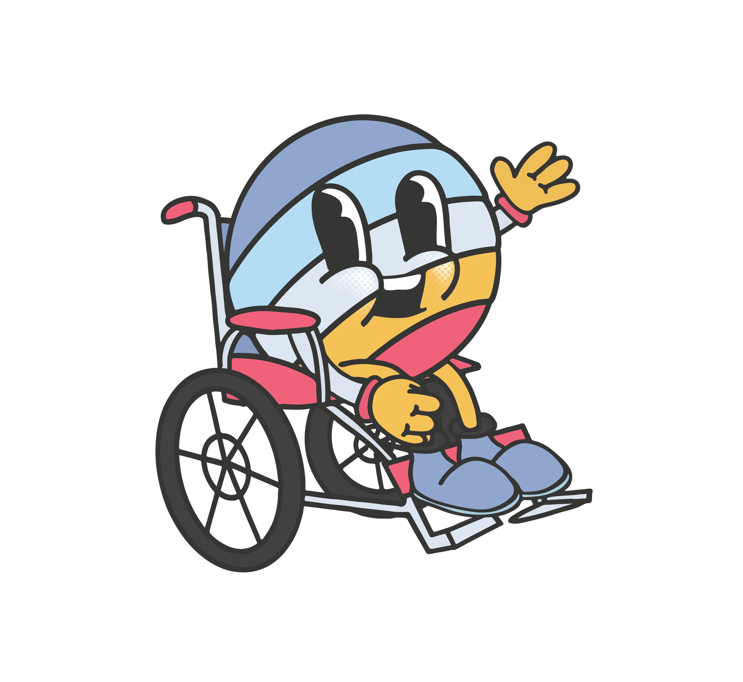Cartoon character of a smiling person in a wheelchair waving.