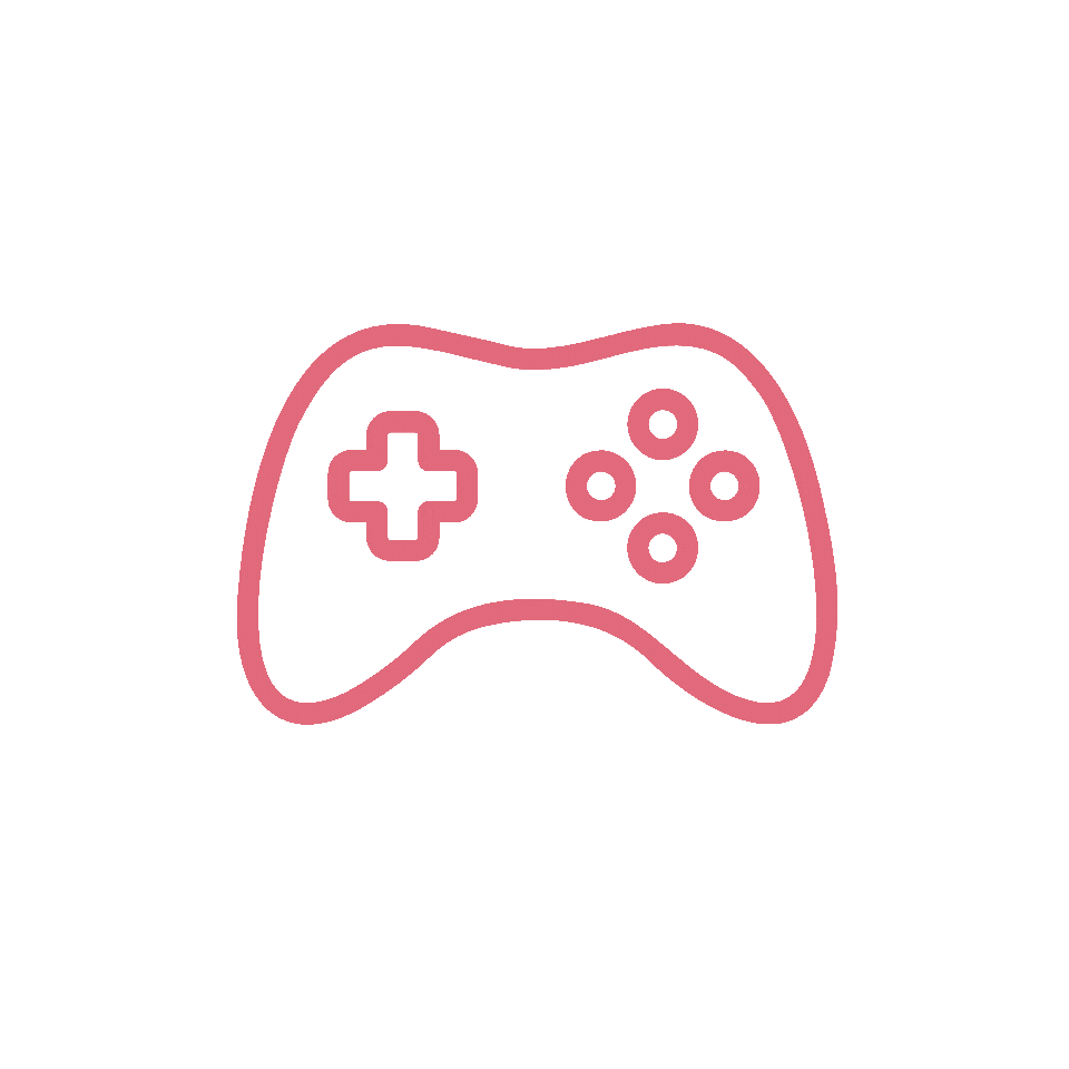 Outline of a handheld gaming console controller with a D-pad on the left and four circular buttons on the right, in pink line art.