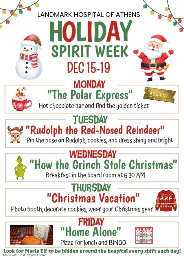🎄✨ Holiday Spirit Week Recap &mdash; Part 1 ✨🎄
Last week, our Landmark Hospital of Athens team brought the cheer while continuing to deliver expert care for our medically complex patients. 💚

We kicked things off &ldquo;Polar Express&rdquo; style 