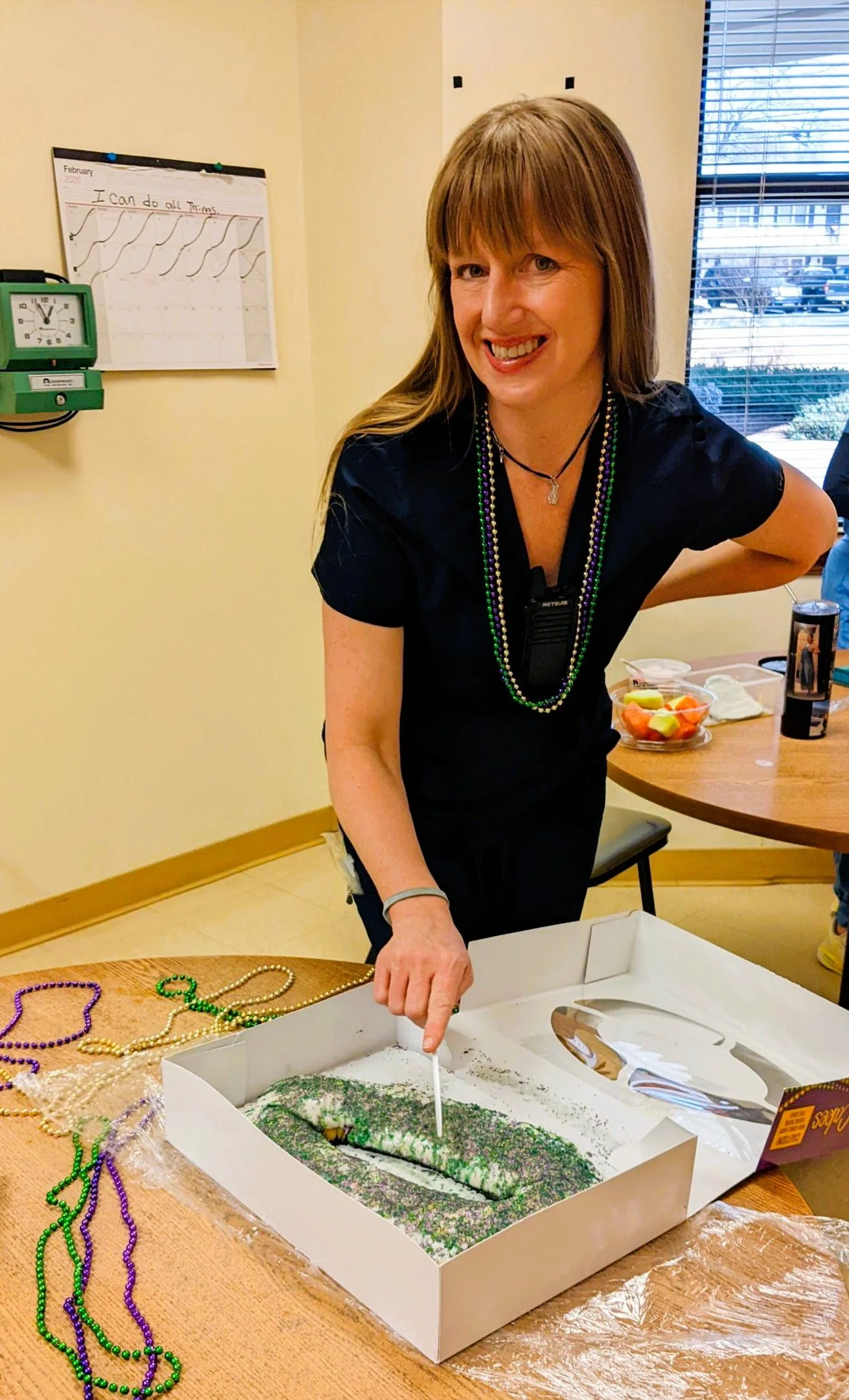 The Athens "krewe"  brought some Mardi Gras flair to Landmark Hospitals with a real Louisiana King Cake, colorful beads, and big smiles all around. (Especially Maggie, who was surprised at finding the baby in her slice!) "Laissez les b