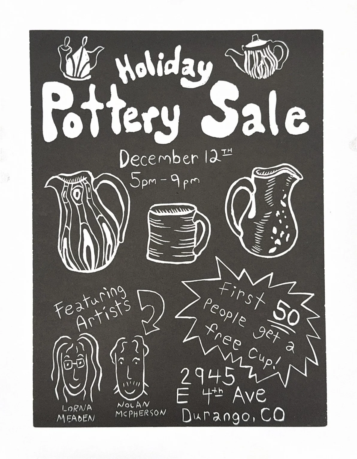 Holiday Pottery Sale, Linoleum Print, 18"x24", 2025 - Collaboration with Mallory Hajek
