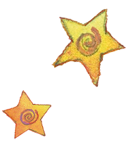 Two star-shaped objects with spiral designs, one large and golden, the other smaller and orange.
