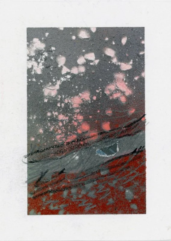 mixed media: mono print, spray paint, collage, stitch