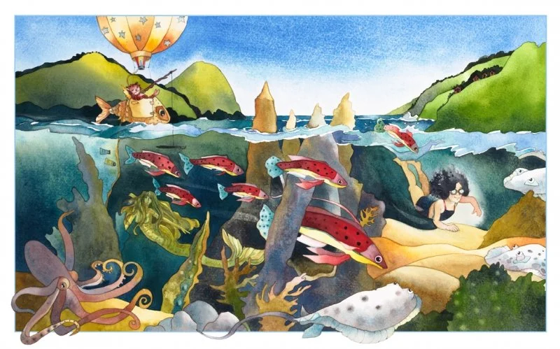 "We'll Swim with the Fish" illustration from Hazel's Rainbow Ride author/Gwen Molnar published 2013