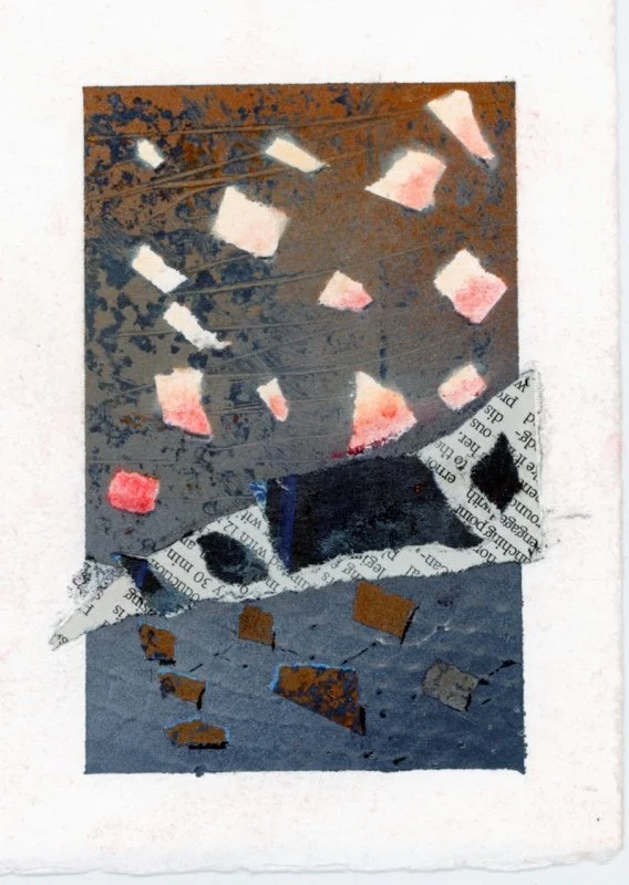 mixed media: mono print, spray paint, collage, stitch