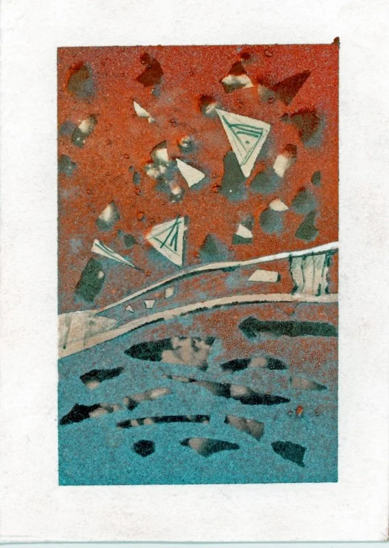 mixed media: mono print, spray paint, collage, stitch