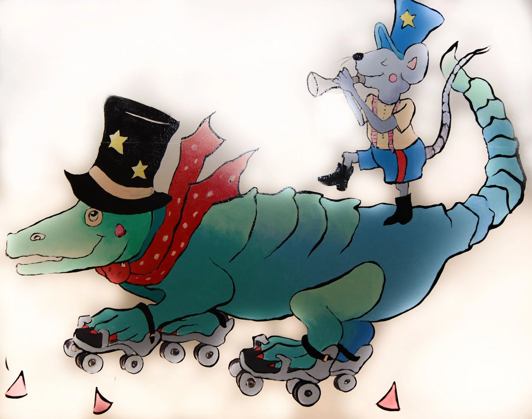 A whimsical illustration of a green crocodile with a red cape, roller-skating, wearing a black top hat decorated with yellow stars. Sitting on the crocodile's back is a gray mouse with a blue wizard hat and a tail, playing a flute.