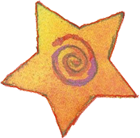 Star-shaped object with yellow background and a spiral pattern in the center.