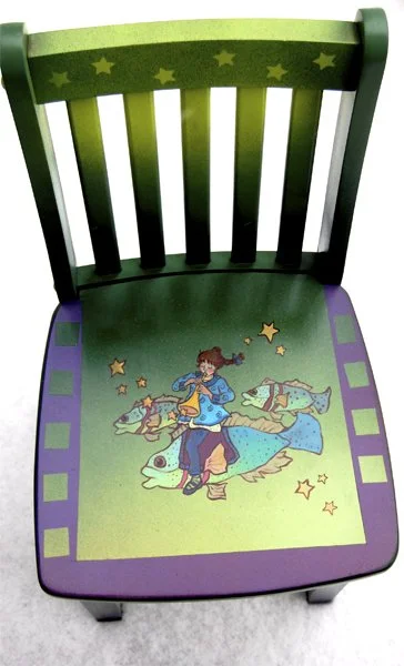 Swim to the Stars, Child's chair, hand painted acrylic image on spray painted background