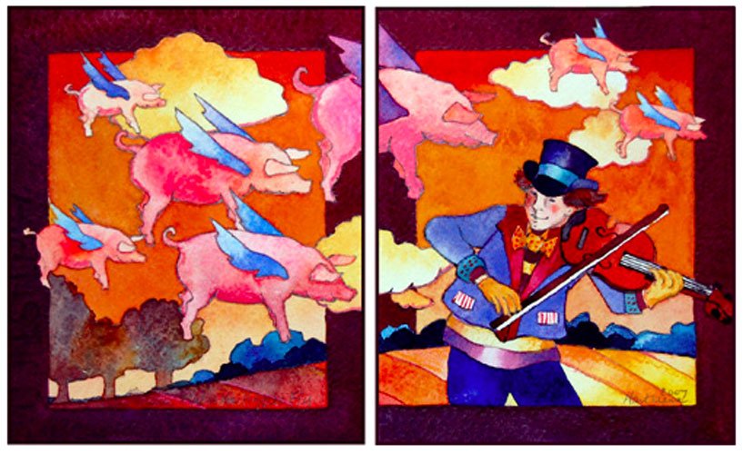 Music Makes the Piggies Fly, watercolor and colored pencil, 4.5 X 5.5\" each side, complete: 9\" x 5.5