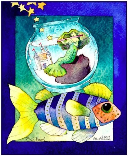 Fish Bowl, watercolor and colored pencil 4.5\" x 5.5\"
