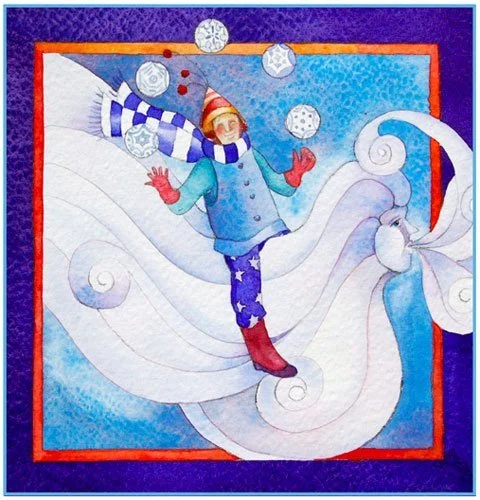 Season Series - Juggle the Wind, watercolor and colored pencil 6.5\" x 6.5\"