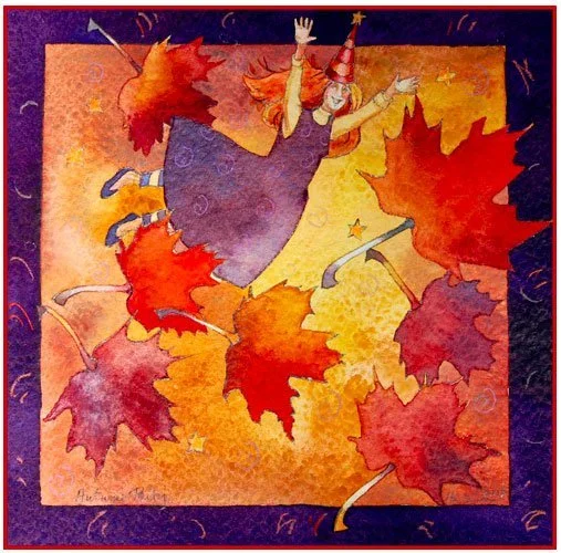 Seasons Series - Autumn Party, watercolor and colored pencil 6.5\" x 6.5\"