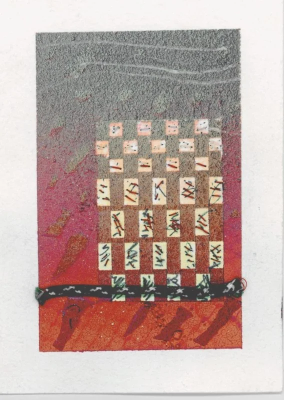 mixed media: mono print, spray paint, collage, stitch