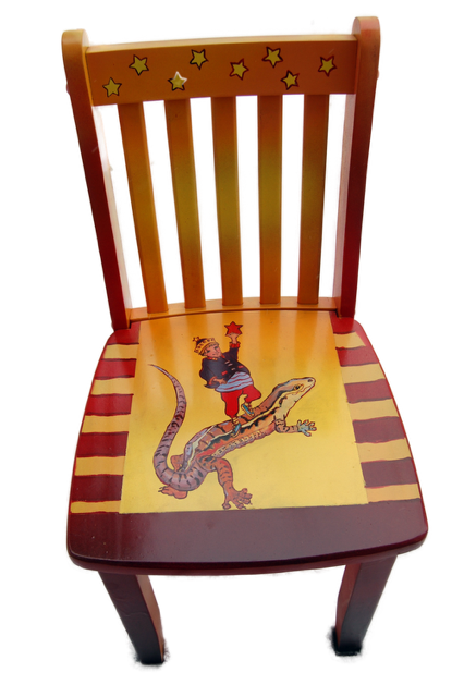Wooden children's chair painted with colorful stars on the backrest and a cartoon dinosaur with a little girl riding on its back on the seat, decorated with red and white stripes.