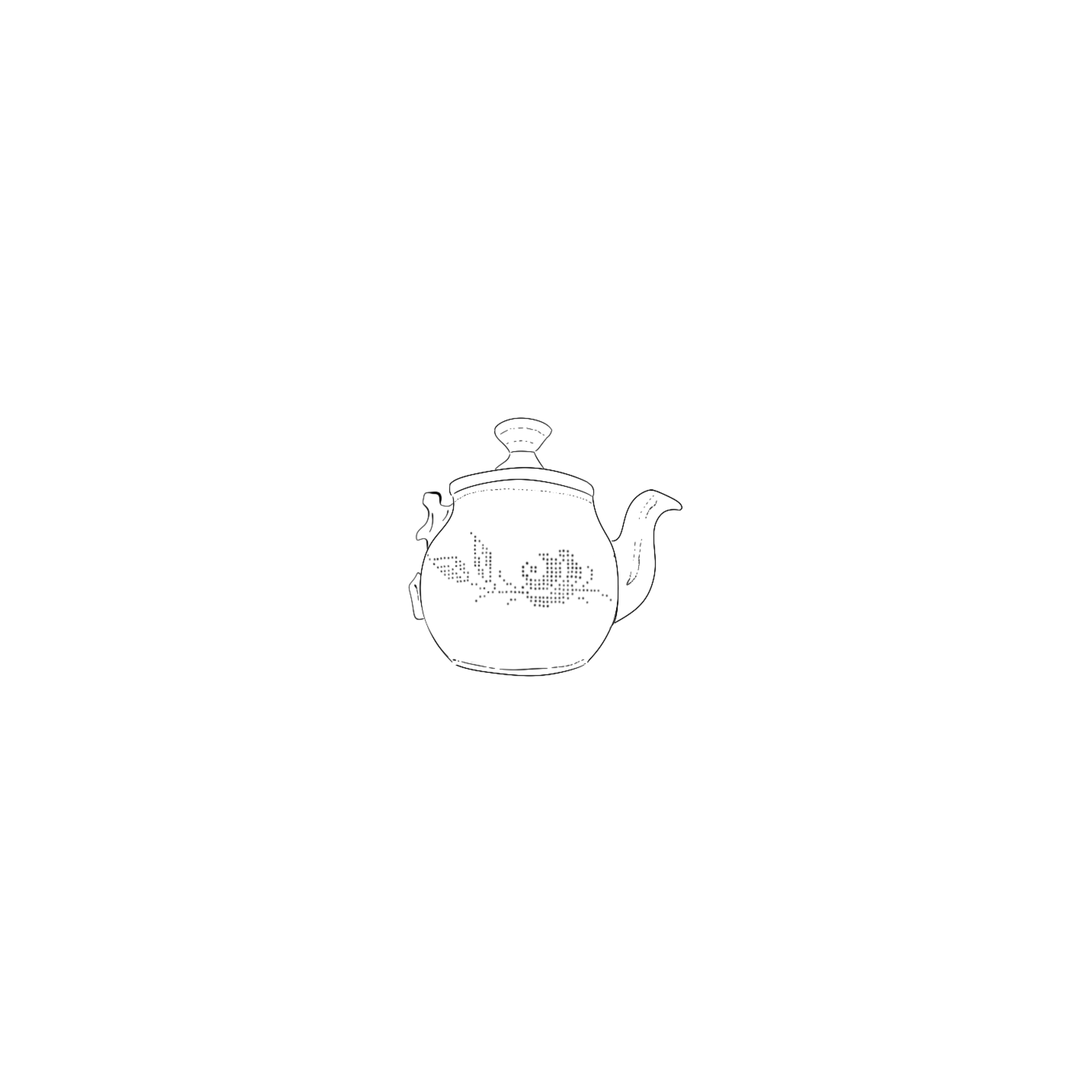 A detailed line drawing of a vintage teapot with intricate floral and vine patterns.