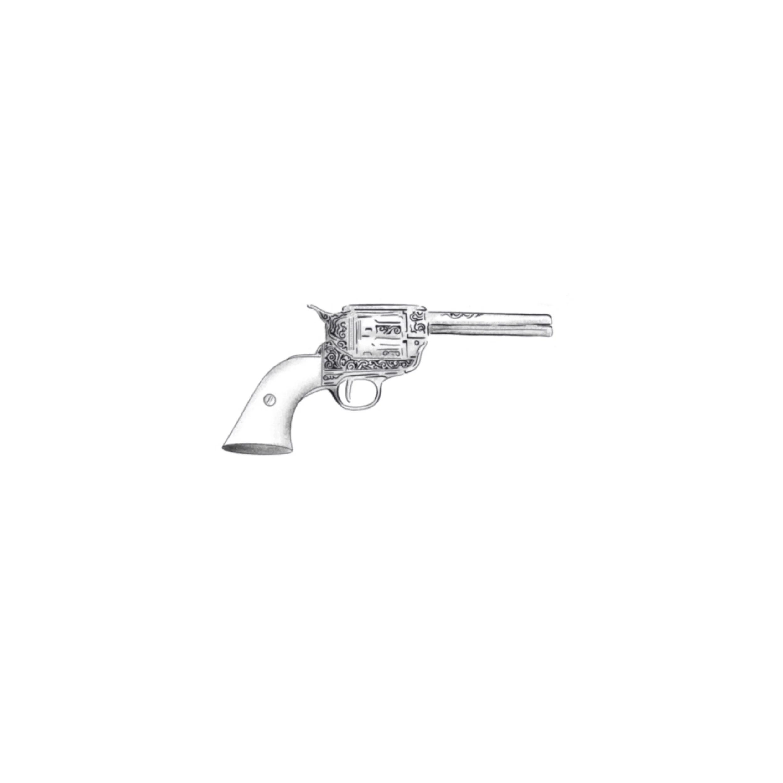 Line drawing of a revolver handgun with decorative patterns on the barrel, cylinder, and handle.