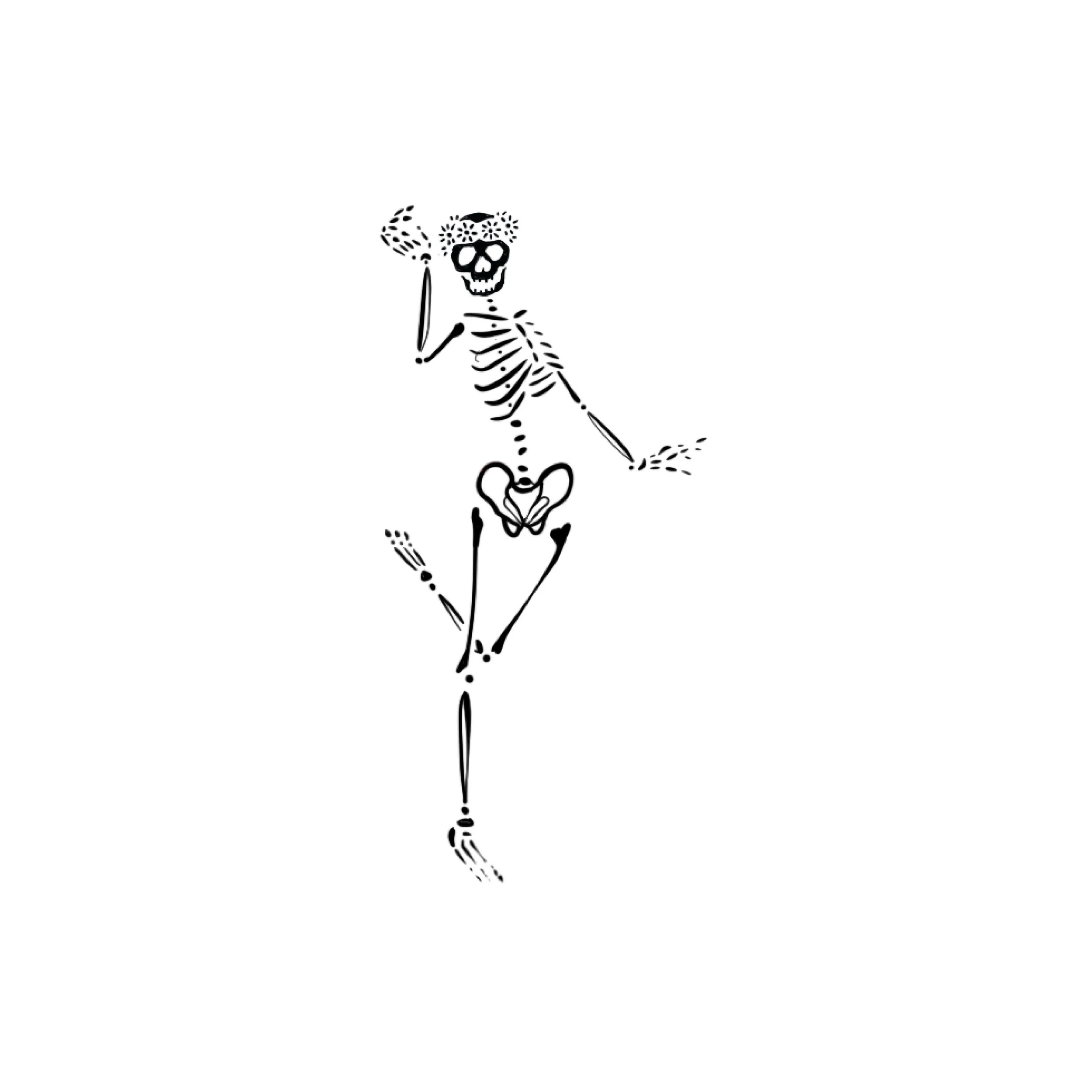 Black and white illustration of a skeleton holding a scythe, with a wide, open-mouthed grin and a flower crown on its head.