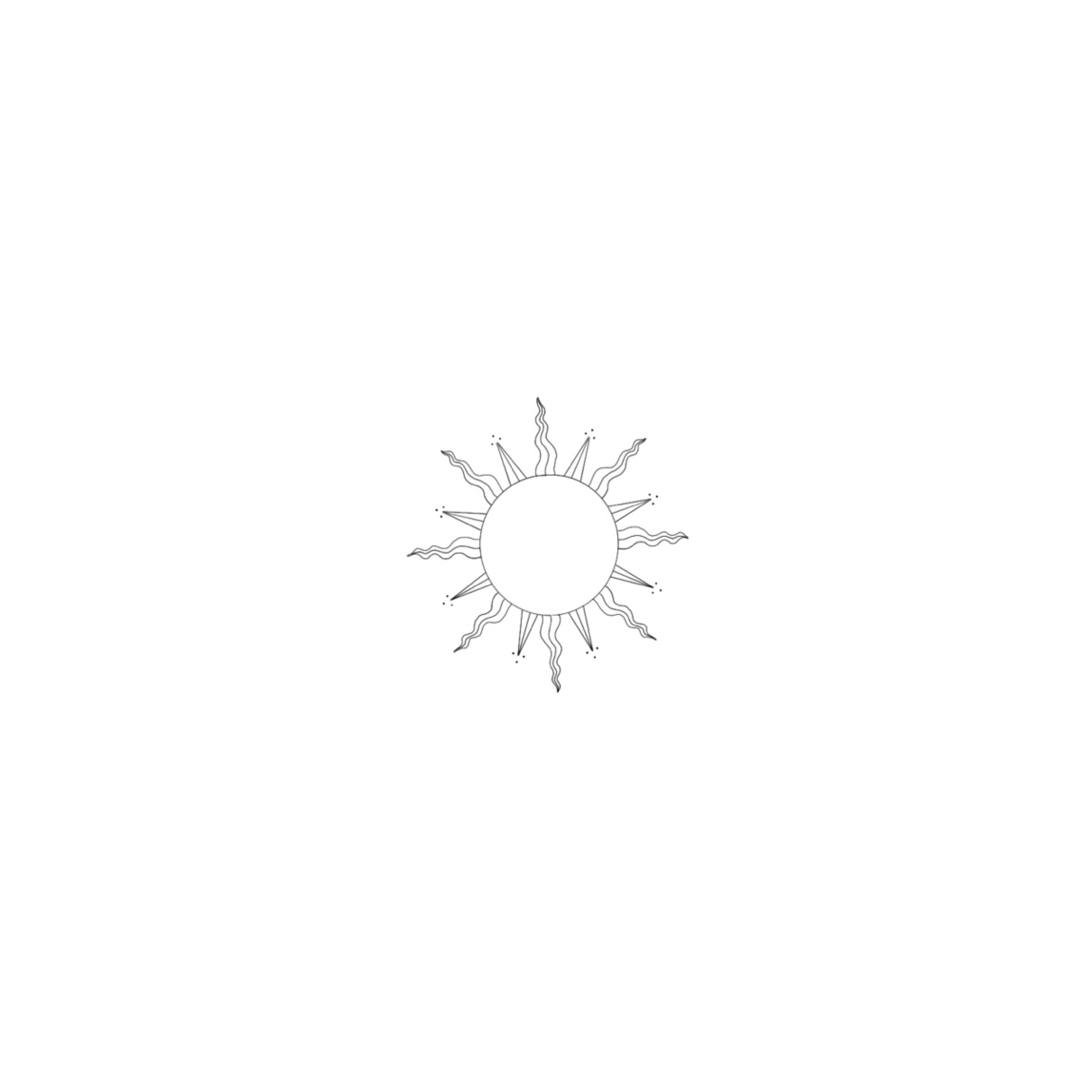 A black and white illustration of the sun with decorative rays extending outward.