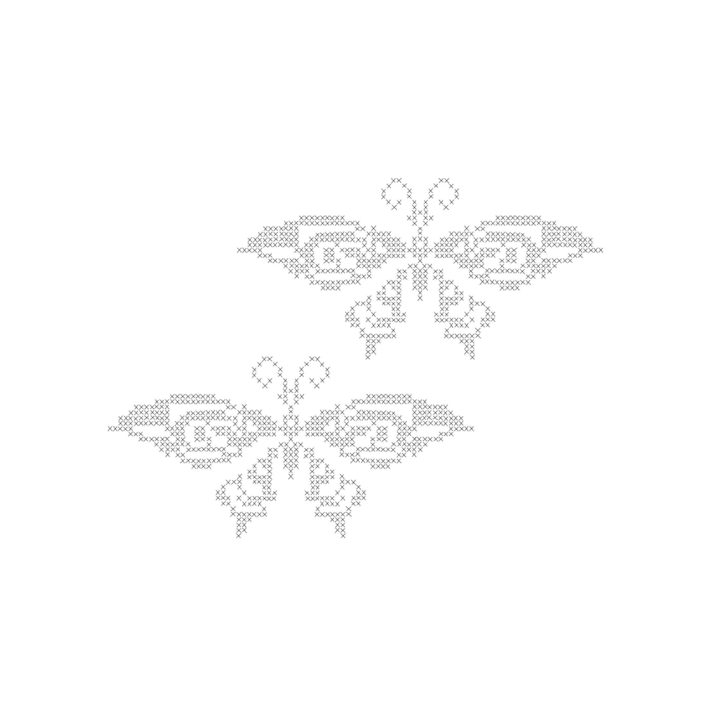 A cross-stitch pattern of a butterfly with symmetrical wings and extended antennae, created with small, evenly spaced black stitches on white fabric.