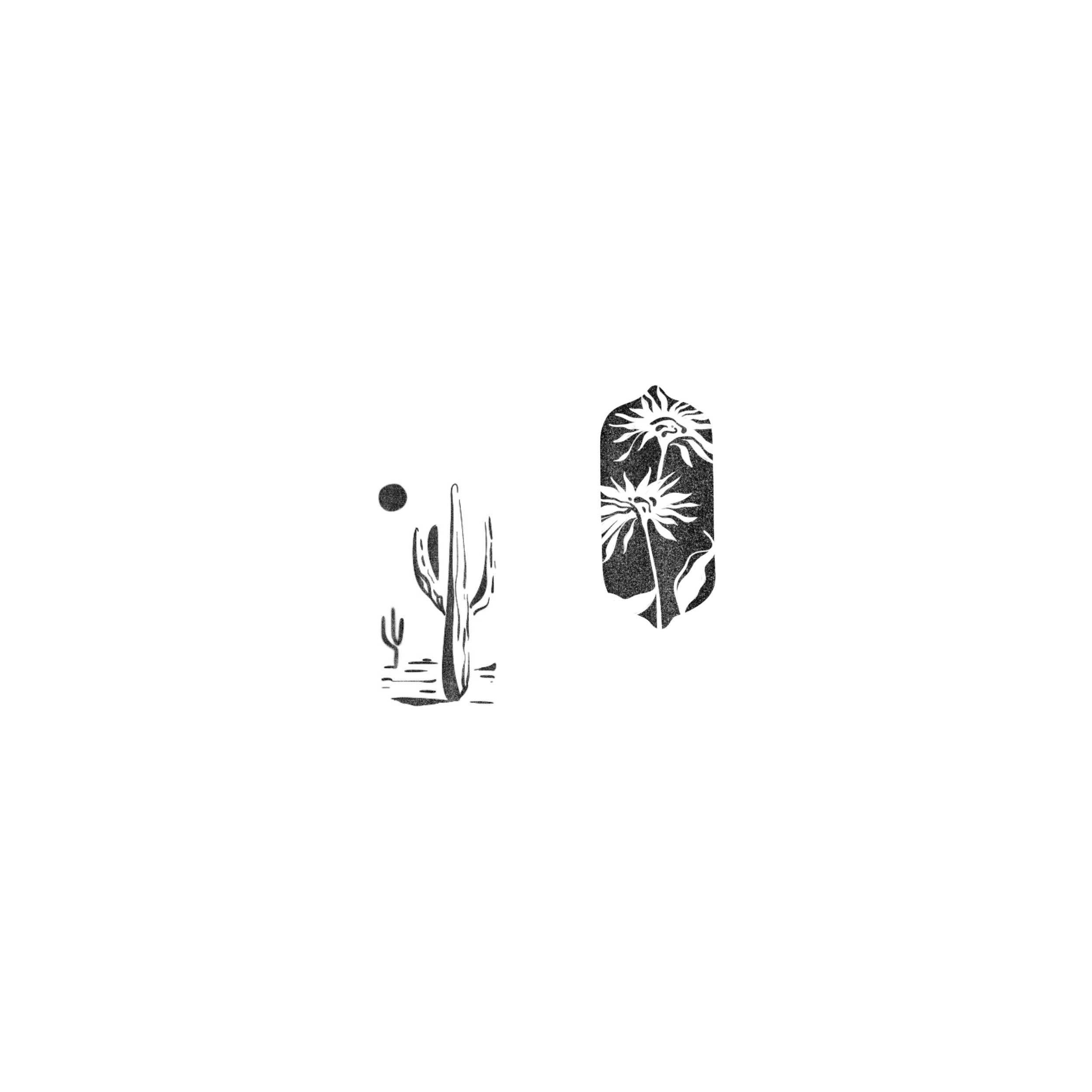 Black and white illustration of desert plants and cactus, with a stylized sun or moon above.