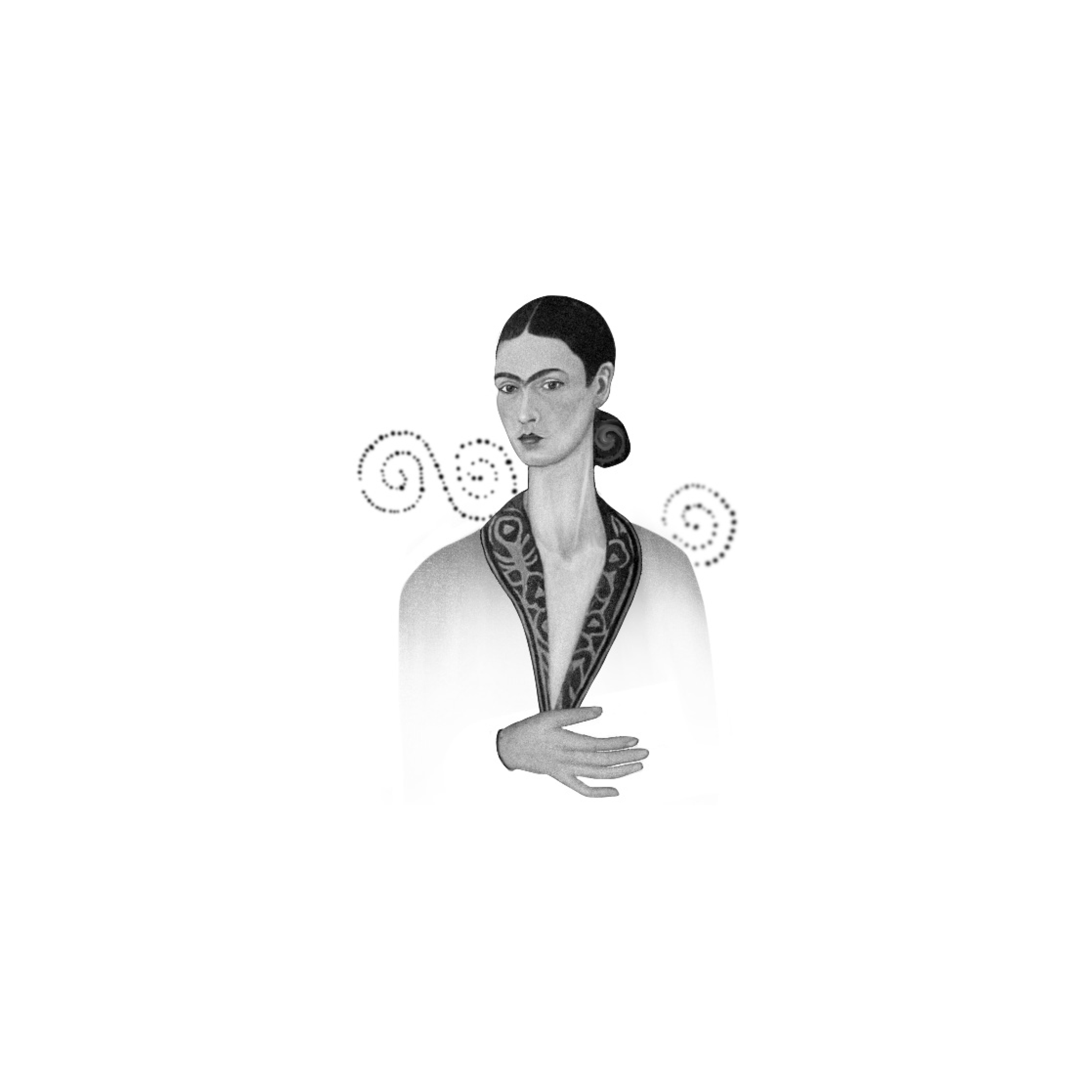 A person with short dark hair, light skin, and a serious expression, wearing a patterned garment, positioned against a white background with decorative swirling patterns.
