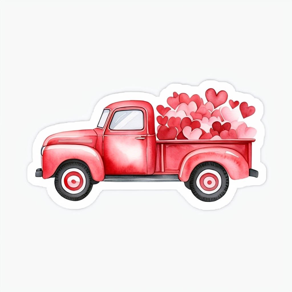 Red Truck with Hearts in the Bed Sticker