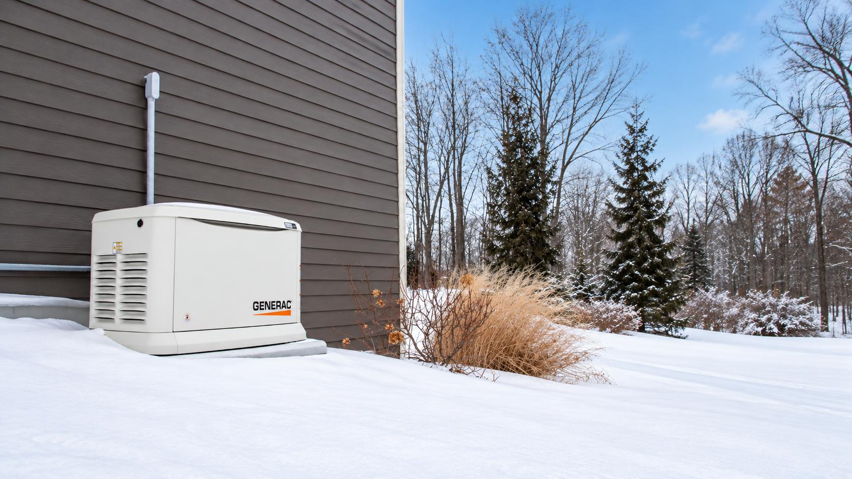 A standby generator attached to the side of a house. Generac Brand.