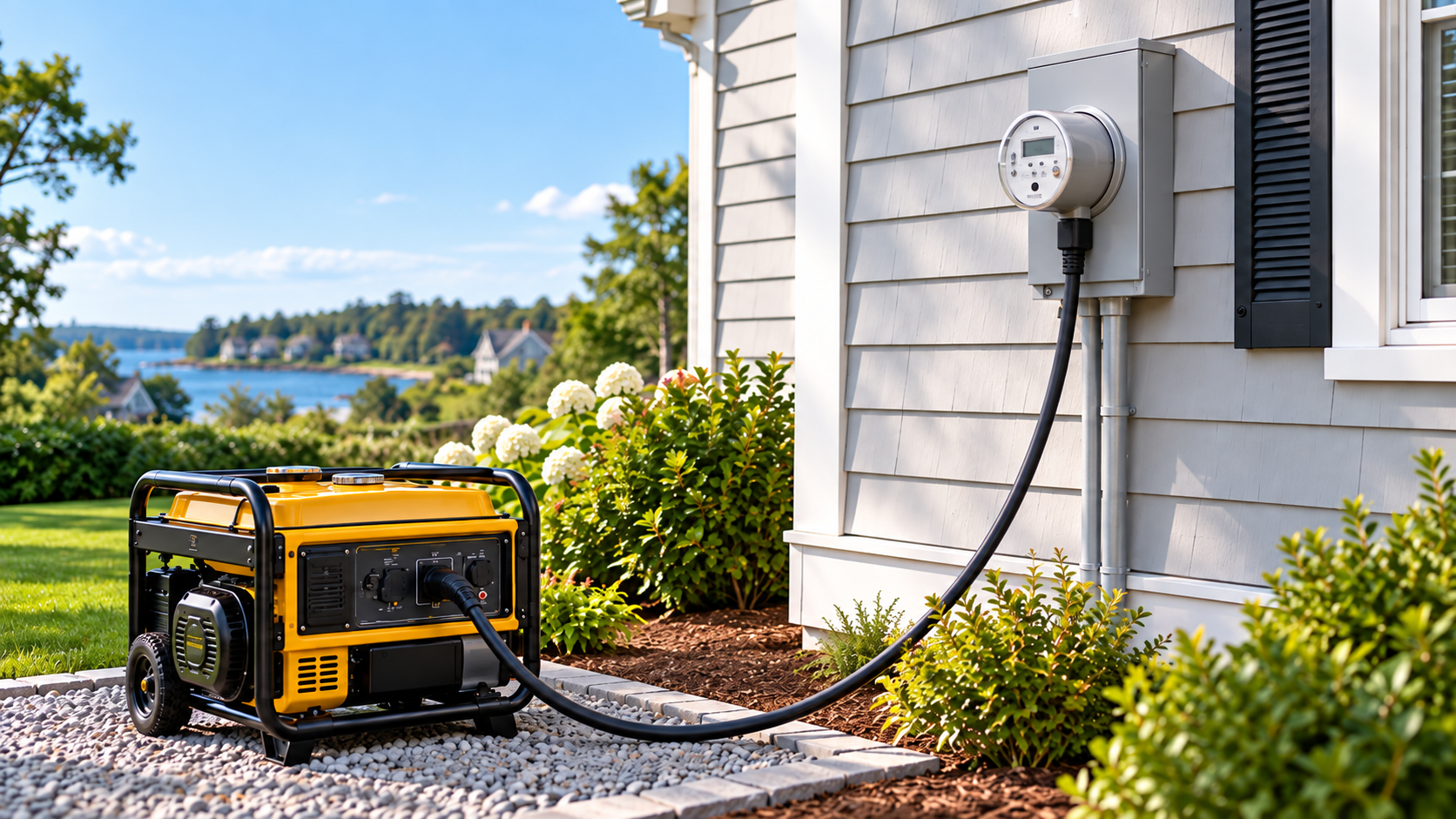 A portable generator connected to a home with a GenerLinks connection.