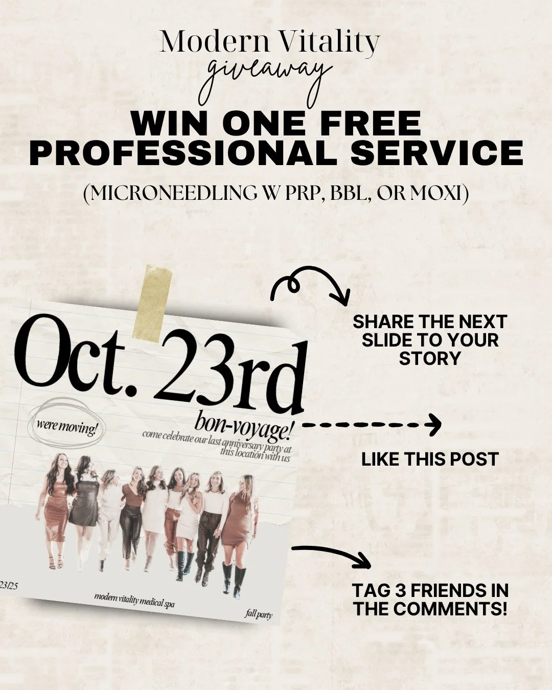 🎉 GIVEAWAY TIME! 🎉
Win ONE FREE PROFESSIONAL SERVICE at our party on October 23rd! 💉✨
Choose from: Microneedling w/ PRP, BBL, or MOXI 😍
📅 Giveaway runs 10/13/25- 10/23/25
🎁 To enter:
1️⃣ LIKE this post
2️⃣ TAG 3 friends in the comments 💬
3️⃣